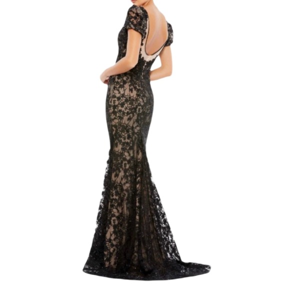NWT Mac Duggal 50644 Lace Plunge Neck Short Puff Sleeve Trumpet Black Gown- Sz 4 - Picture 2 of 9